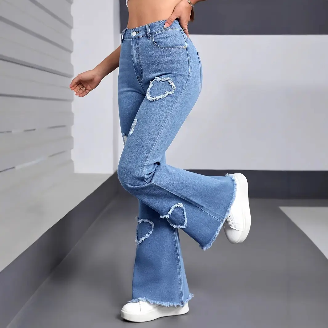 Women Pink Heart-Shaped Ripped Jeans 2025