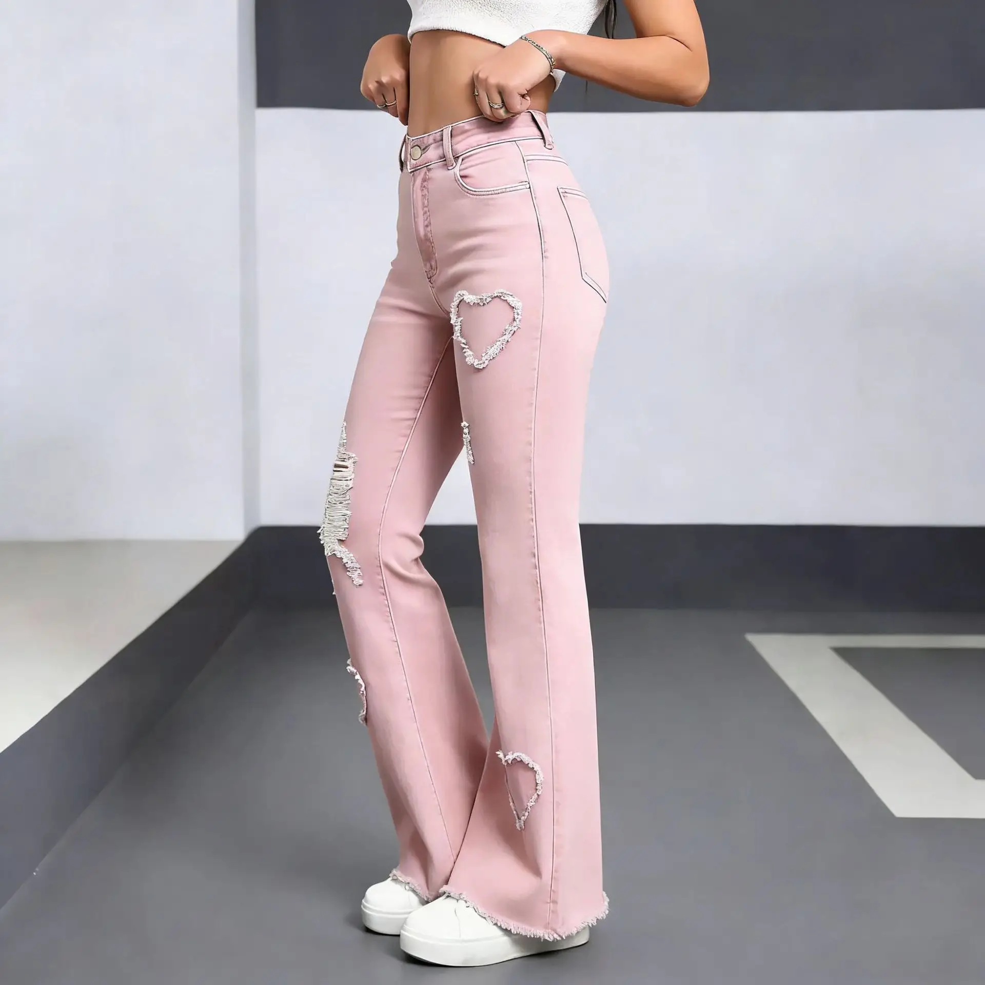 Women Pink Heart-Shaped Ripped Jeans 2025