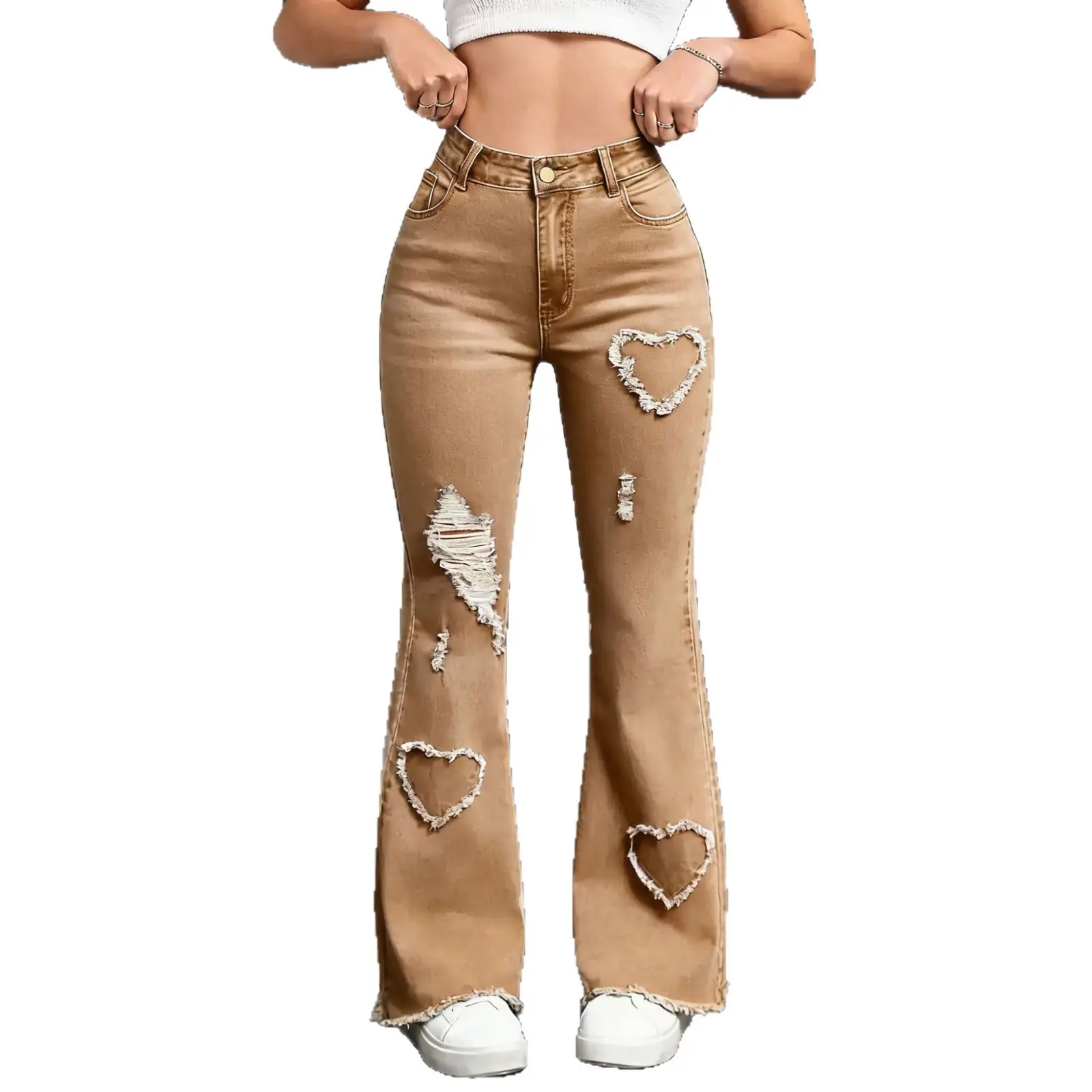 Women Pink Heart-Shaped Ripped Jeans 2025