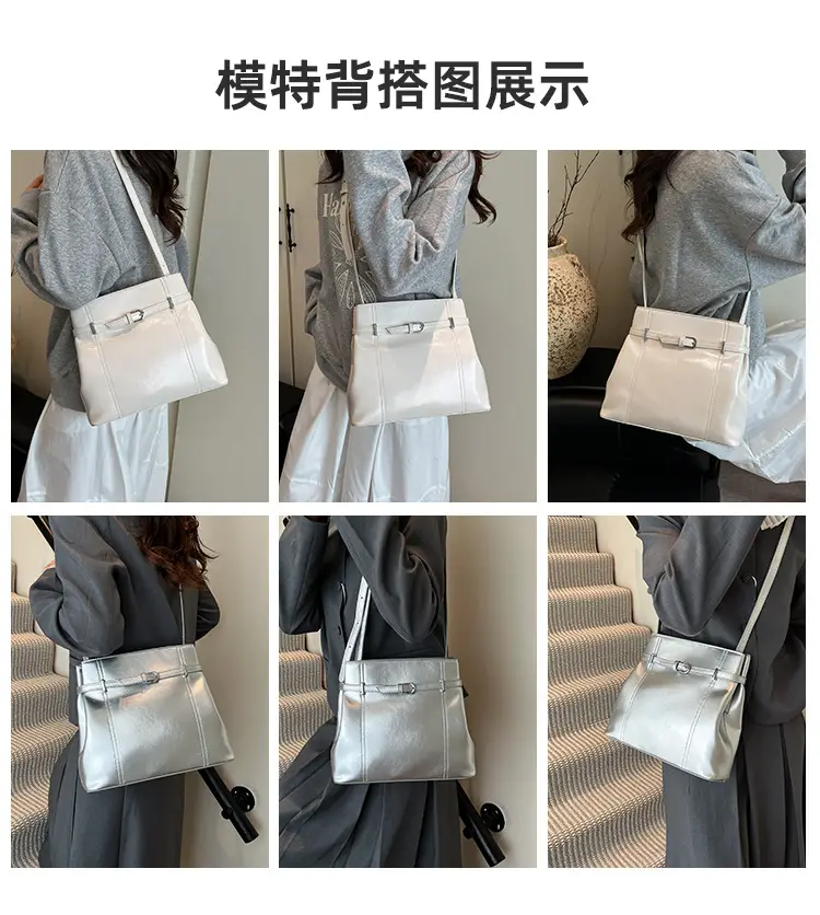 Silver Leather Commuter Bag for Women 2025 Spring Summer — feature 3