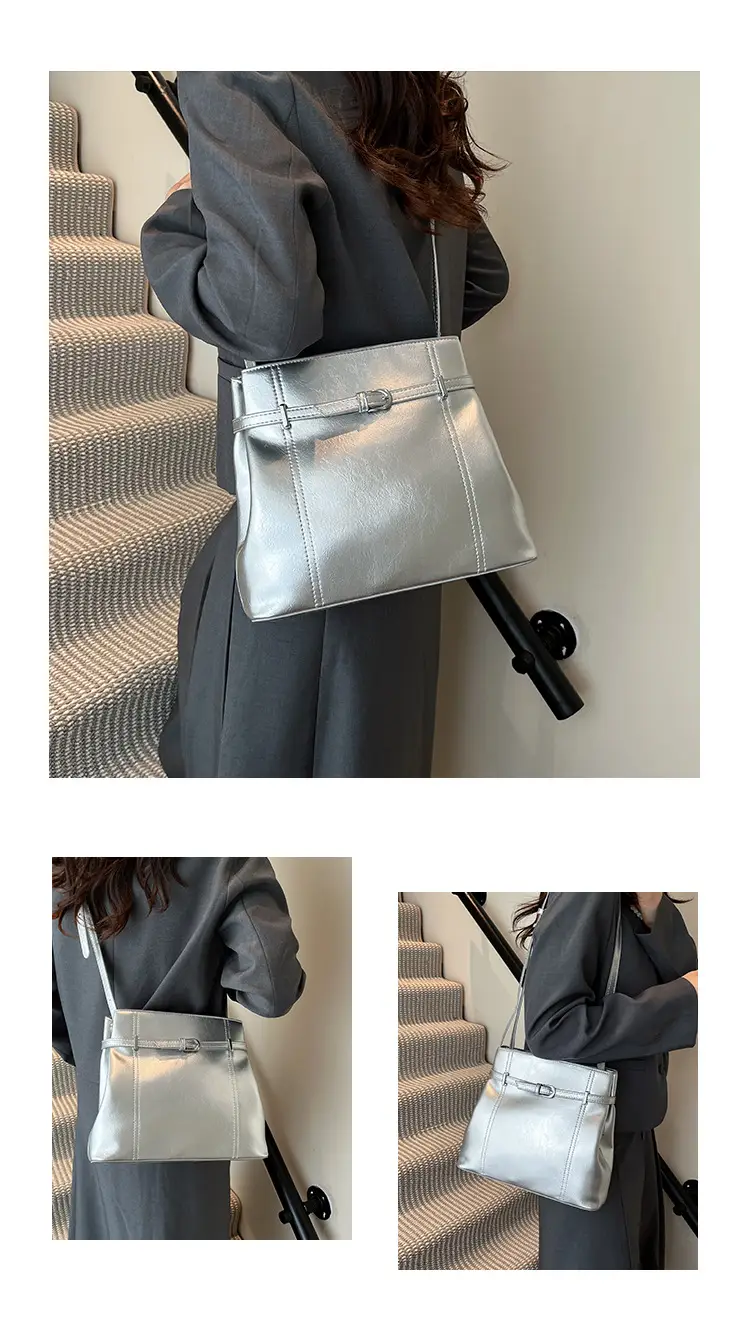 Silver Leather Commuter Bag for Women 2025 Spring Summer — feature 5