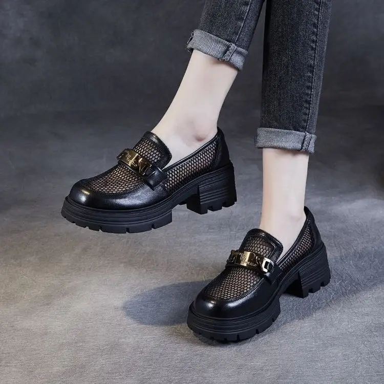 Mesh Thick-soled Loafers Women's 2025 New Women's Shoes Summer British Style Slip-on Shoes Hollow Single-layer Shoes — feature 1