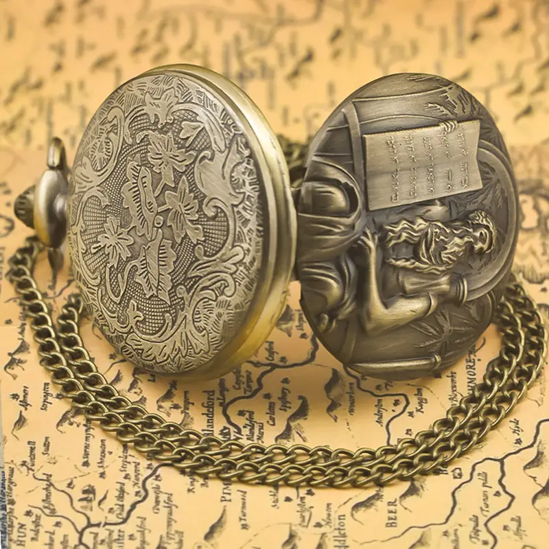 Classic Retro Quartz Bronze Pocket Watch with Jesus Bible