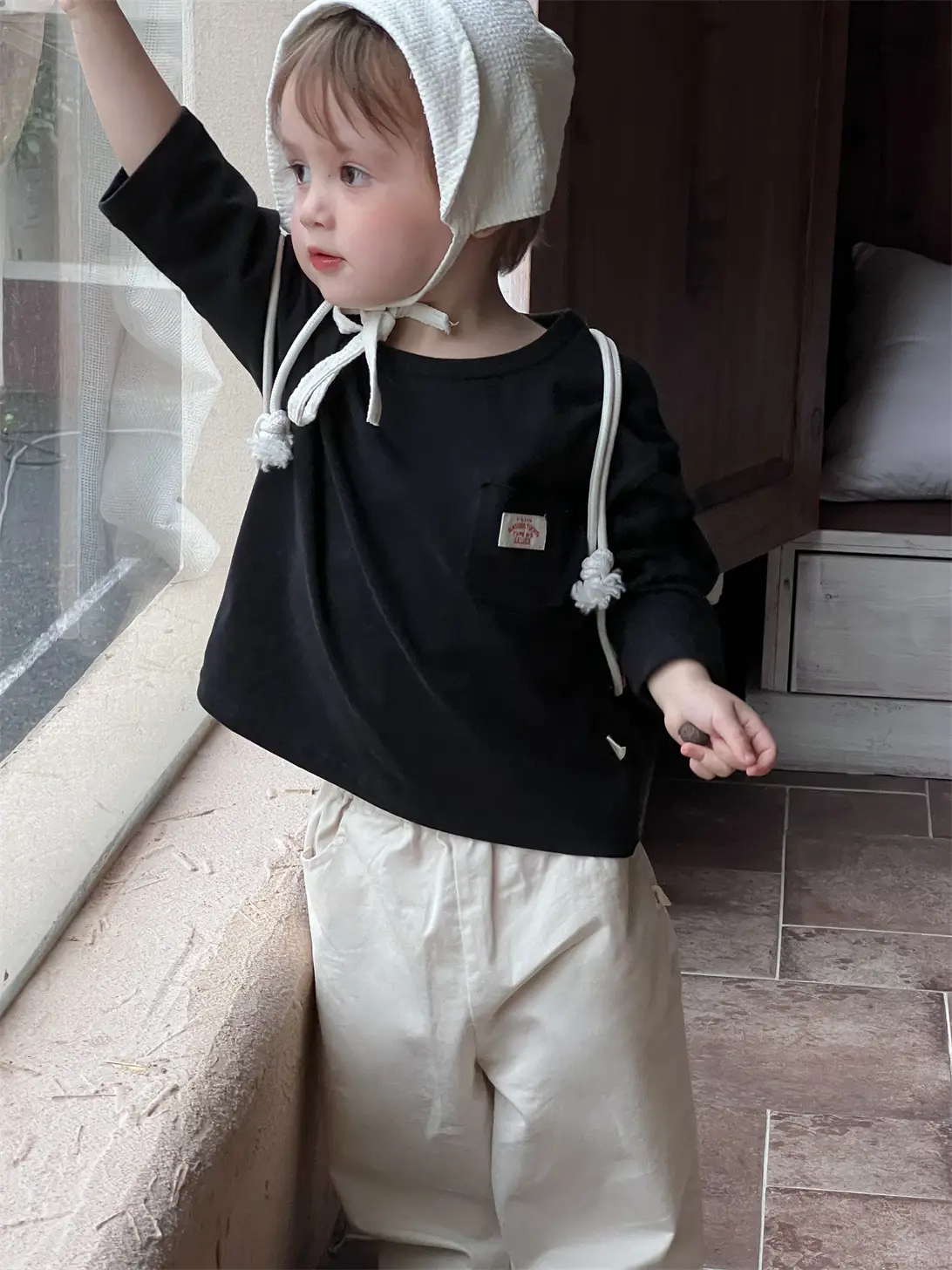 Kids Korean Style Autum T-Shirt Pants Set Black Beige - Image 4