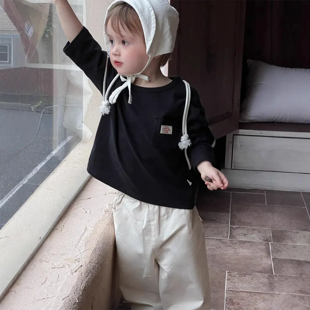 Kids Korean Style Autum T-Shirt Pants Set Black Beige — feature 5
