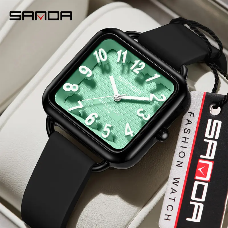 Sanda Square Quartz Watch Black Orange Waterproof Men Women