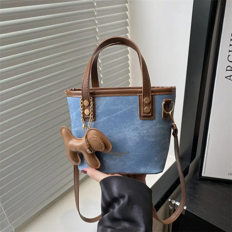 Women's Blue Denim Shoulder Bag with Brown Leather Handle & Crossbody Strap