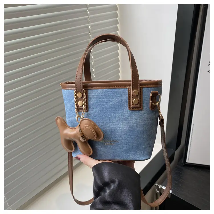 Women's Blue Denim Shoulder Bag with Brown Leather Handle & Crossbody Strap — feature 12