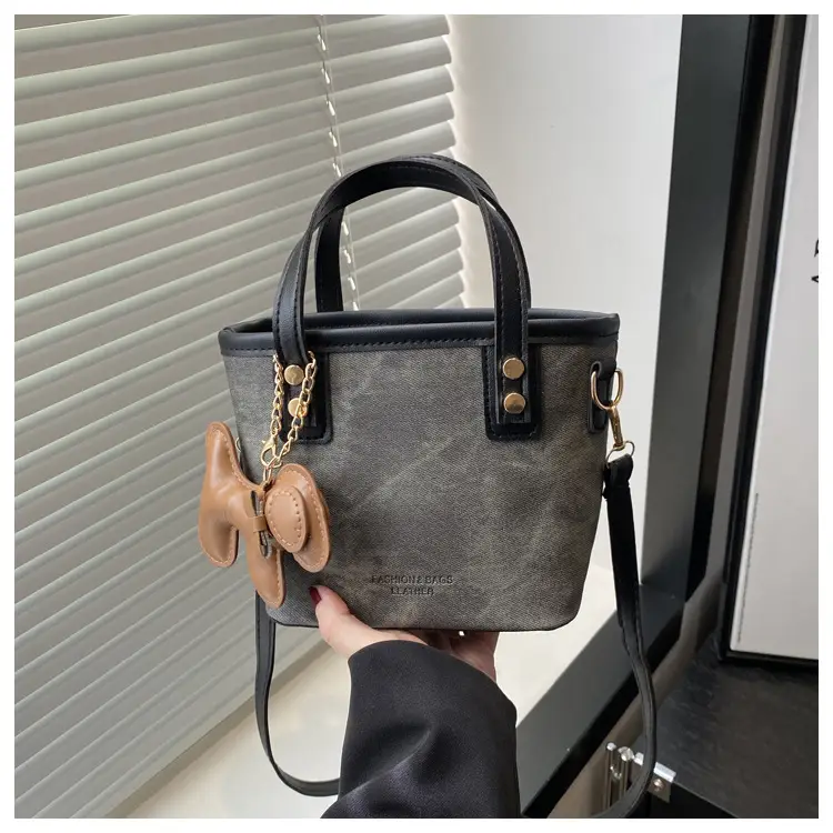 Women's Blue Denim Shoulder Bag with Brown Leather Handle & Crossbody Strap — feature 13