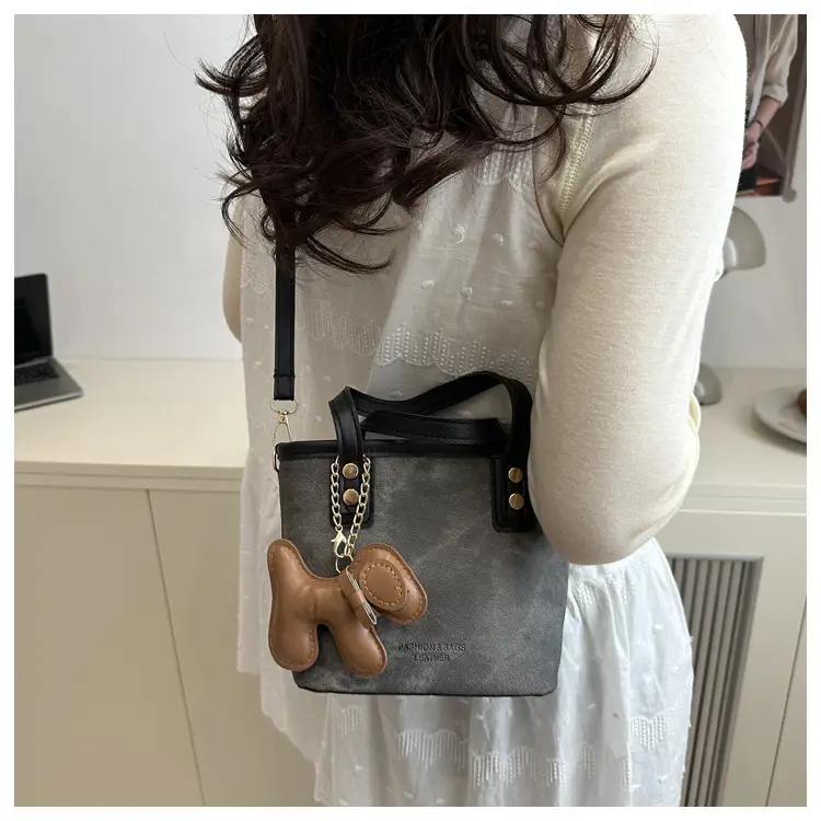 Women's Blue Denim Shoulder Bag with Brown Leather Handle & Crossbody Strap — feature 27