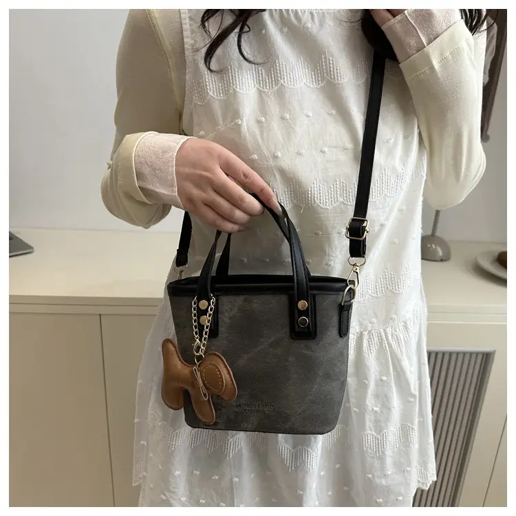 Women's Blue Denim Shoulder Bag with Brown Leather Handle & Crossbody Strap — feature 30