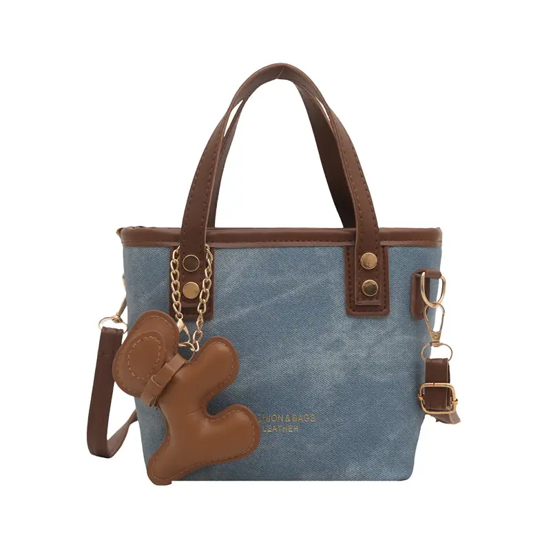 Women's Blue Denim Shoulder Bag with Brown Leather Handle & Crossbody Strap