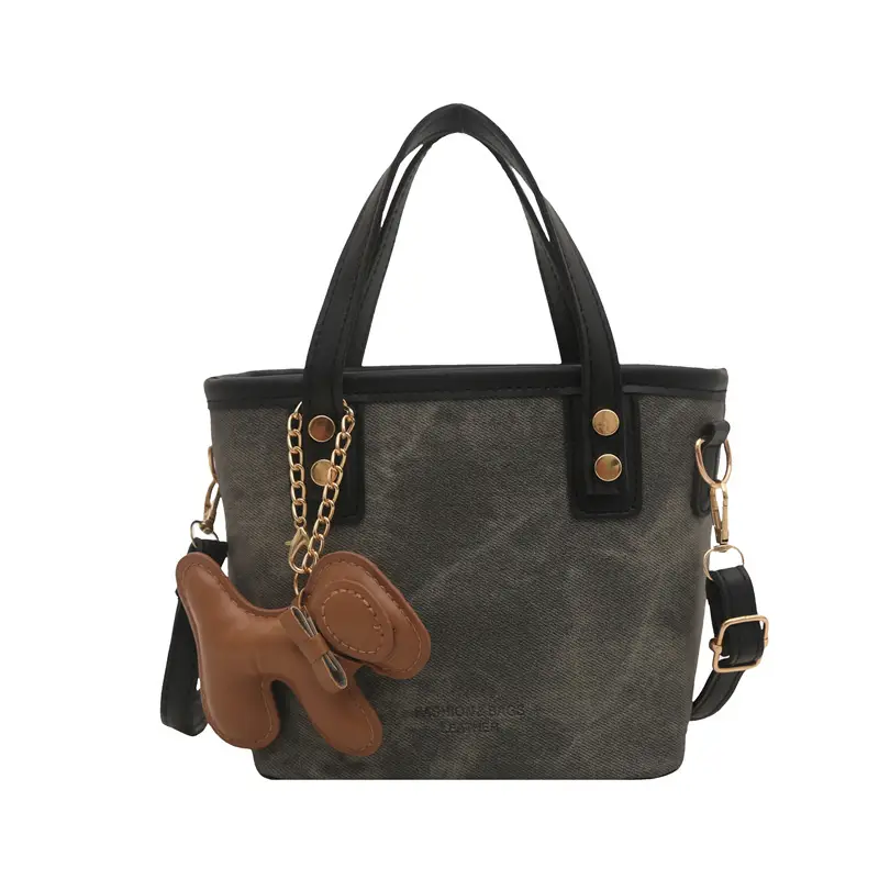 Women's Blue Denim Shoulder Bag with Brown Leather Handle & Crossbody Strap