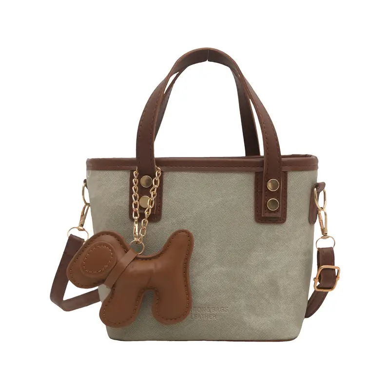 Women's Blue Denim Shoulder Bag with Brown Leather Handle & Crossbody Strap