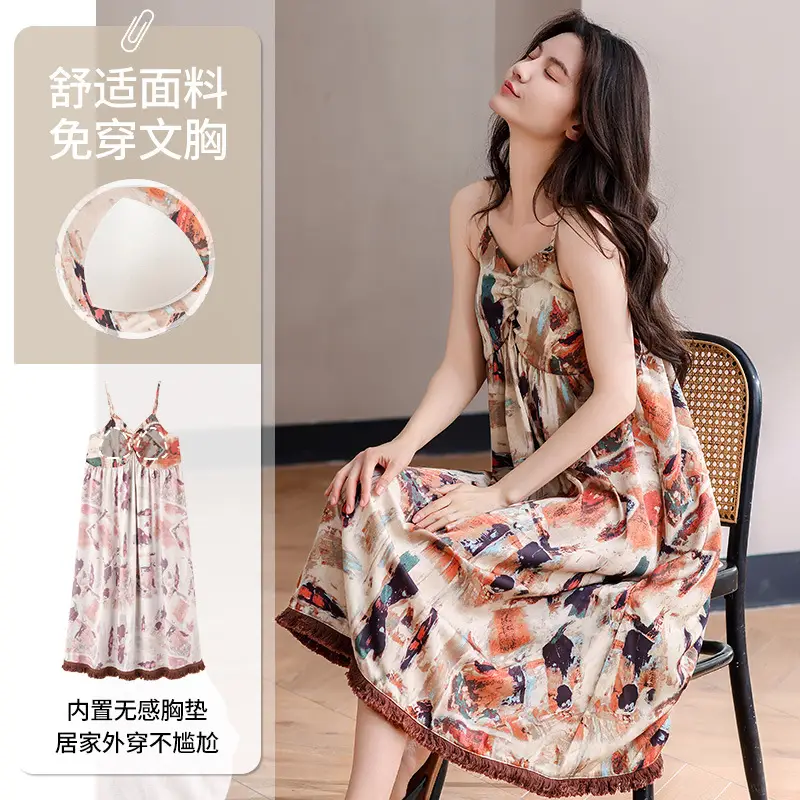 Chun Baifen Nightdress Women's Pajamas Summer Summer Ice Silk Camisole Summer High-end dress Retro Style