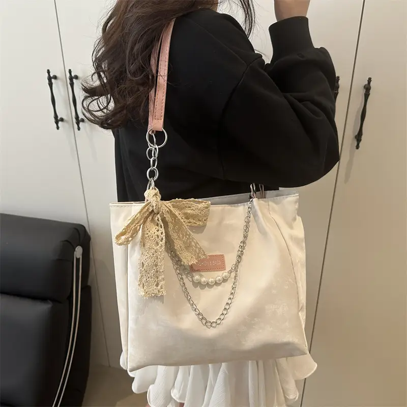 White Korean Style Shoulder Bag with Lace Tassel - Image 4