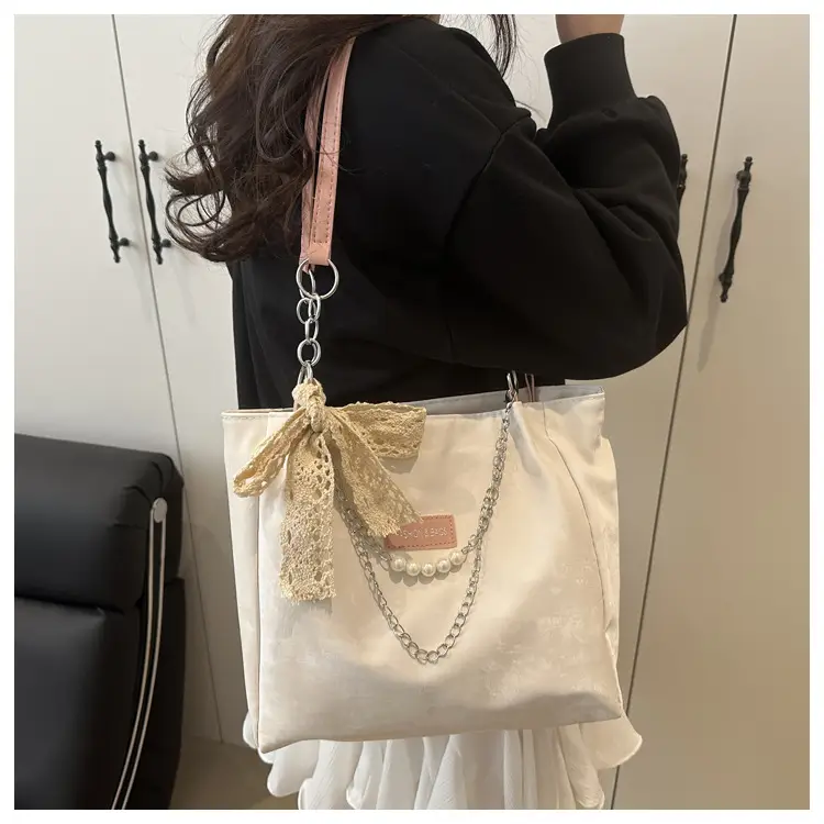 White Korean Style Shoulder Bag with Lace Tassel — feature 12