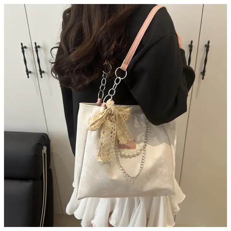 White Korean Style Shoulder Bag with Lace Tassel — feature 14