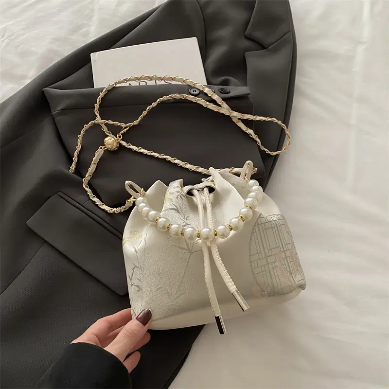 Chinese Embroidered Pearl Chain Shoulder Bag - Image 2