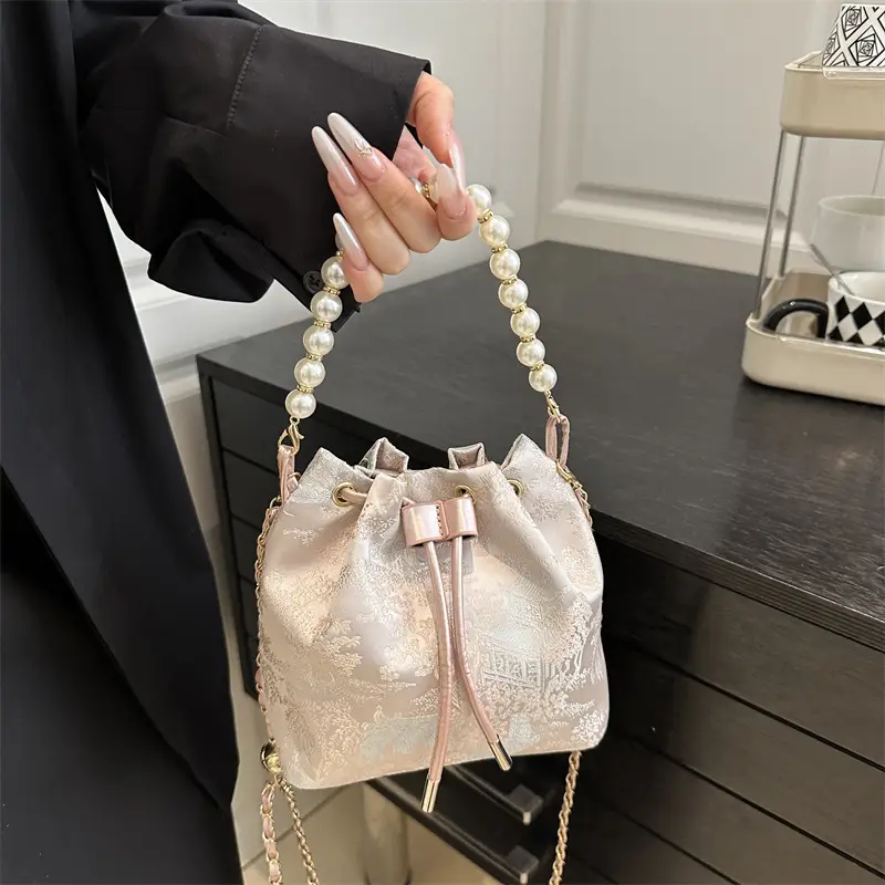 Chinese Embroidered Pearl Chain Shoulder Bag - Image 3