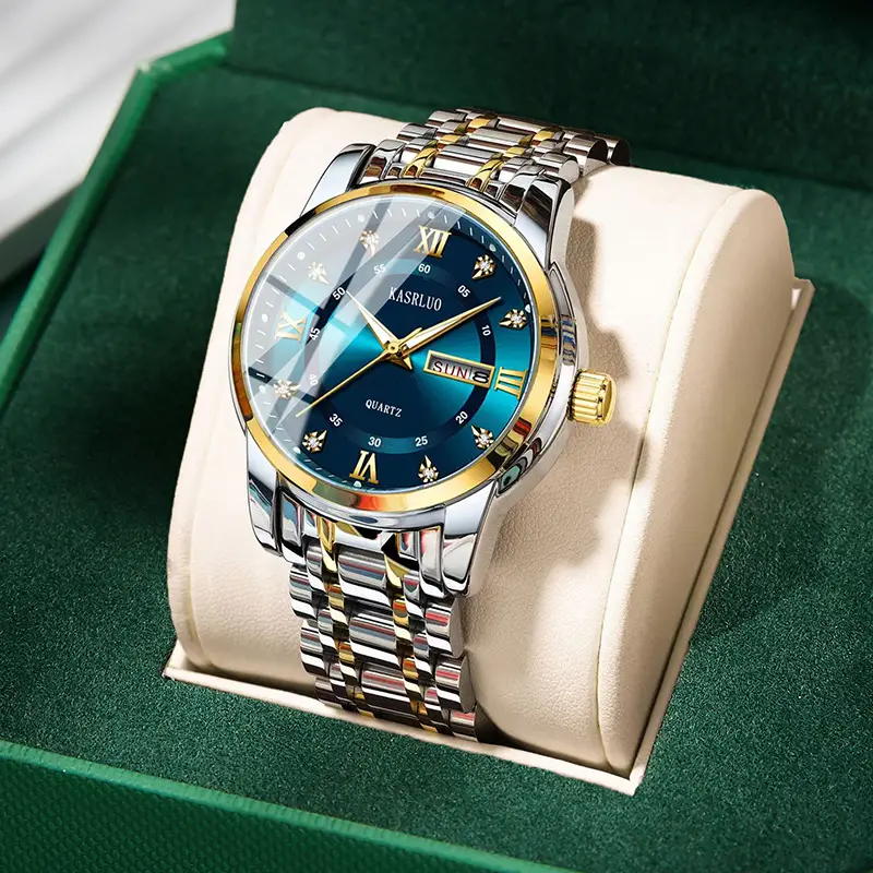 Men's Gold Plated Quartz Watch with Blue Dial