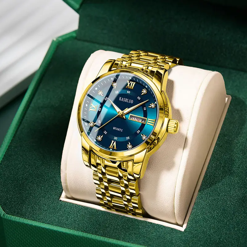 Men's Gold Plated Quartz Watch with Blue Dial - Image 10