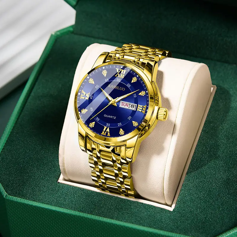 Men's Gold Plated Quartz Watch with Blue Dial - Image 11