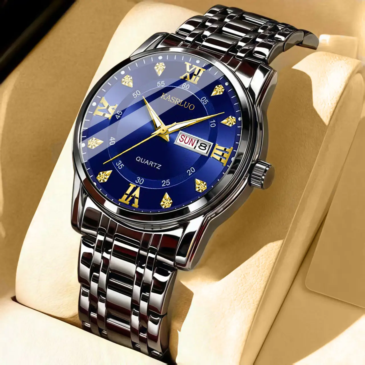 Men's Gold Plated Quartz Watch with Blue Dial - Image 17