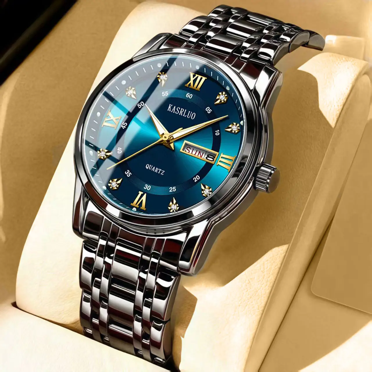 Men's Gold Plated Quartz Watch with Blue Dial - Image 18