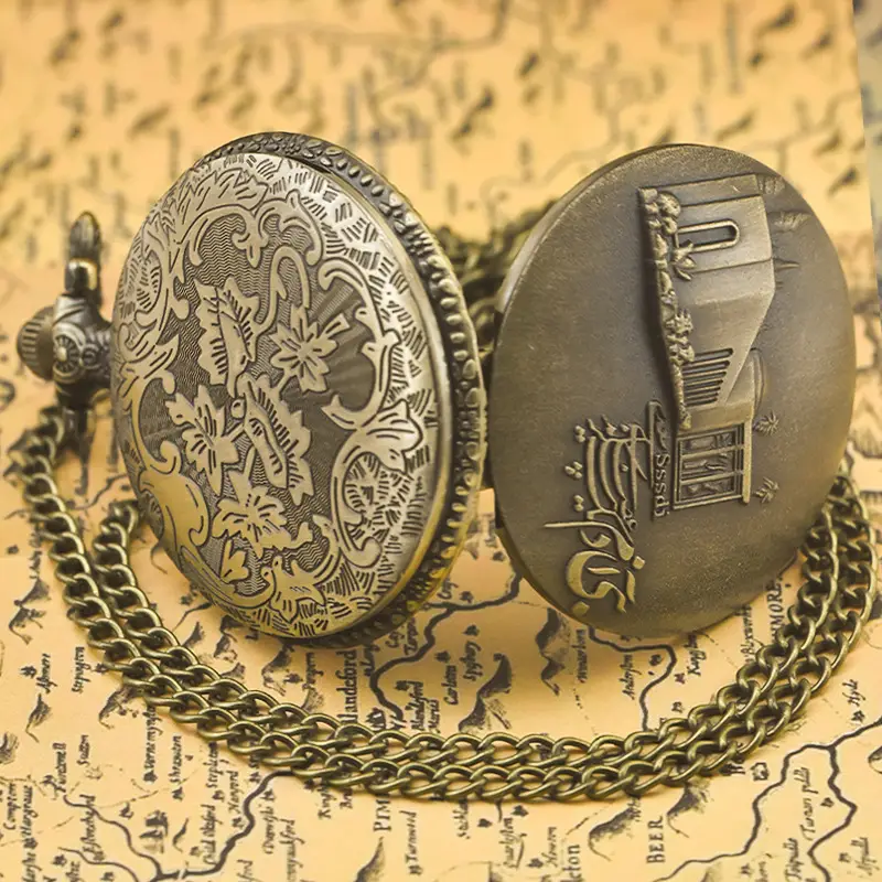 Vintage Bronze Pocket Watch with Islamic Calligraphy and Chain - Image 4