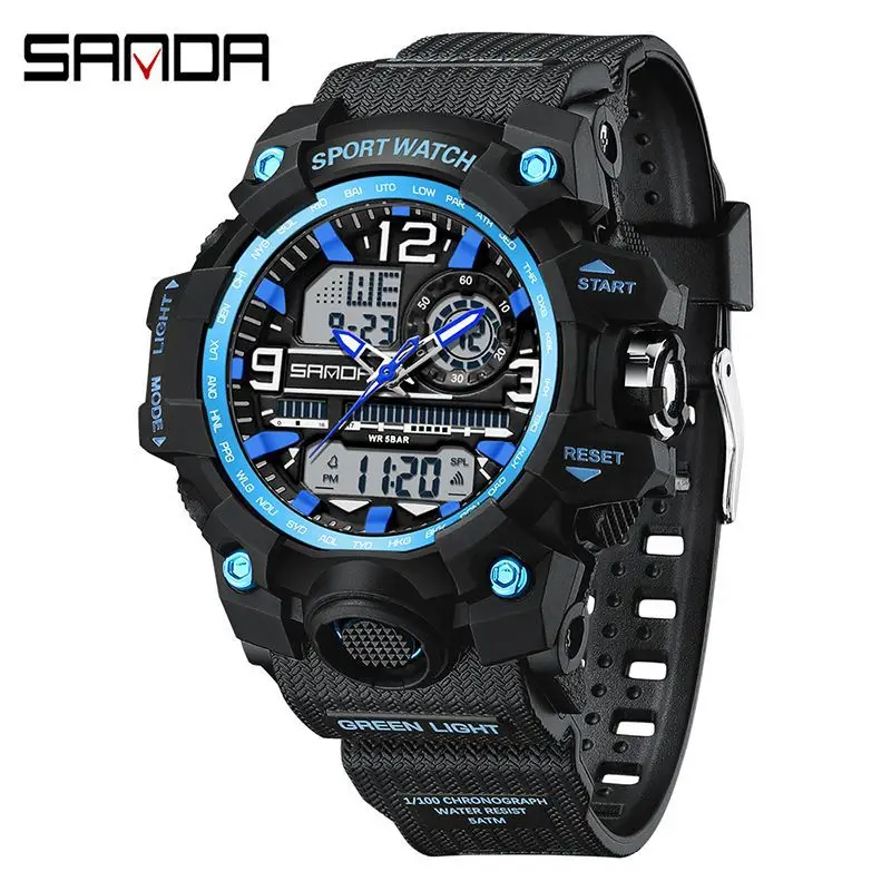 Sanda Black LED Digital Sport Watch Men Waterproof Multi-Function