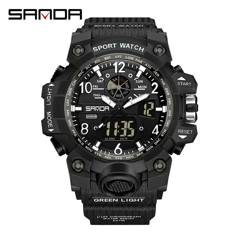 Sanda Black LED Digital Sport Watch Men Waterproof Multi-Function