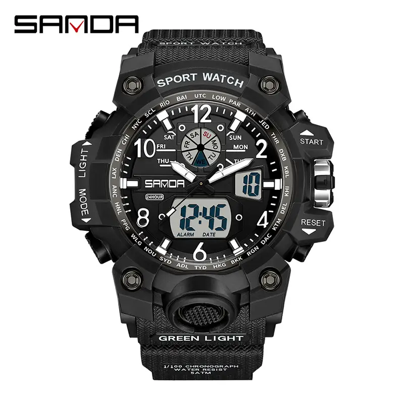 Sanda Black LED Digital Sport Watch Men Waterproof Multi-Function