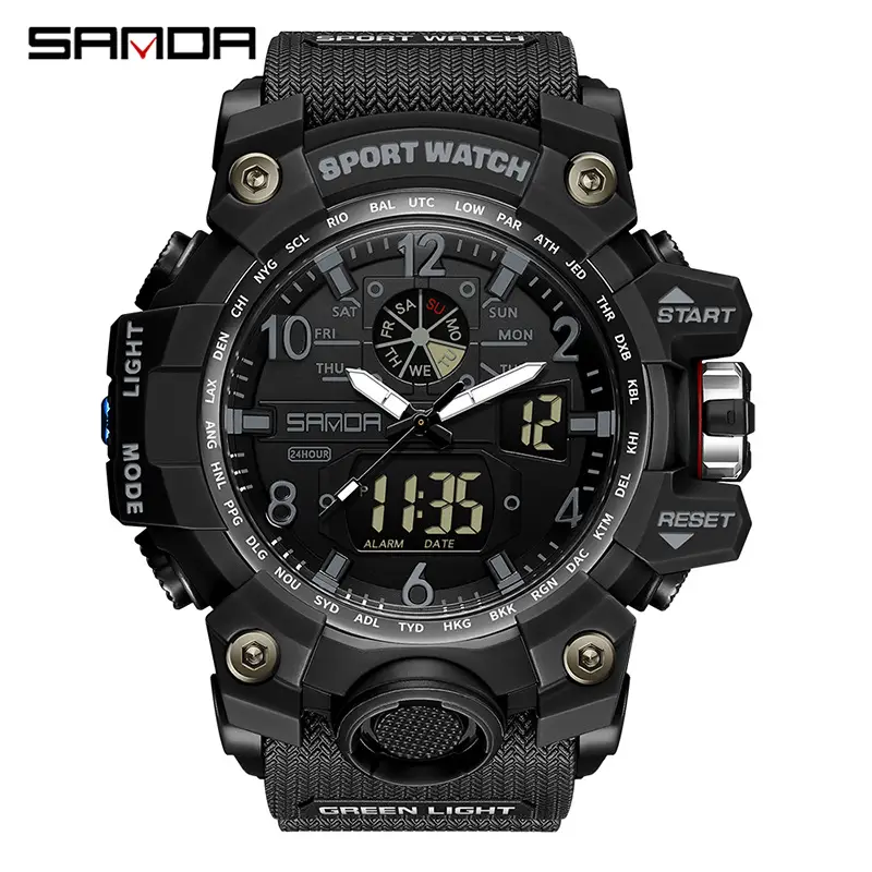 Sanda Black LED Digital Sport Watch Men Waterproof Multi-Function