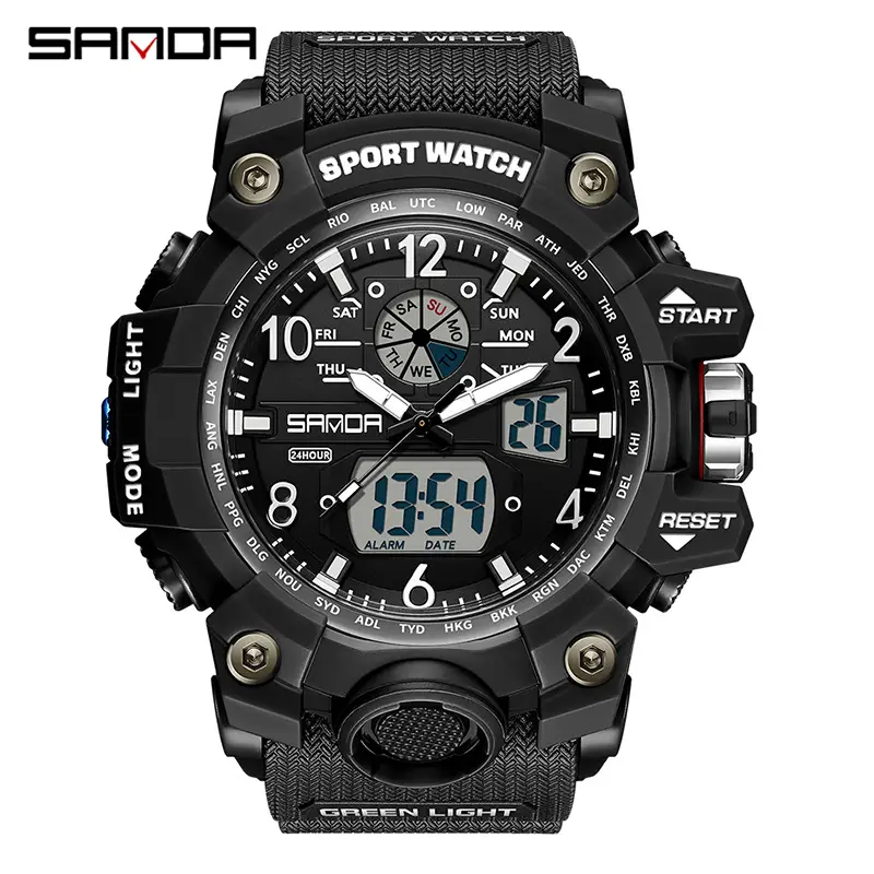 Sanda Black LED Digital Sport Watch Men Waterproof Multi-Function