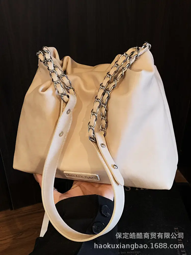 Women Crossbody Bag Chain Shoulder Bucket Bag Beige 2025