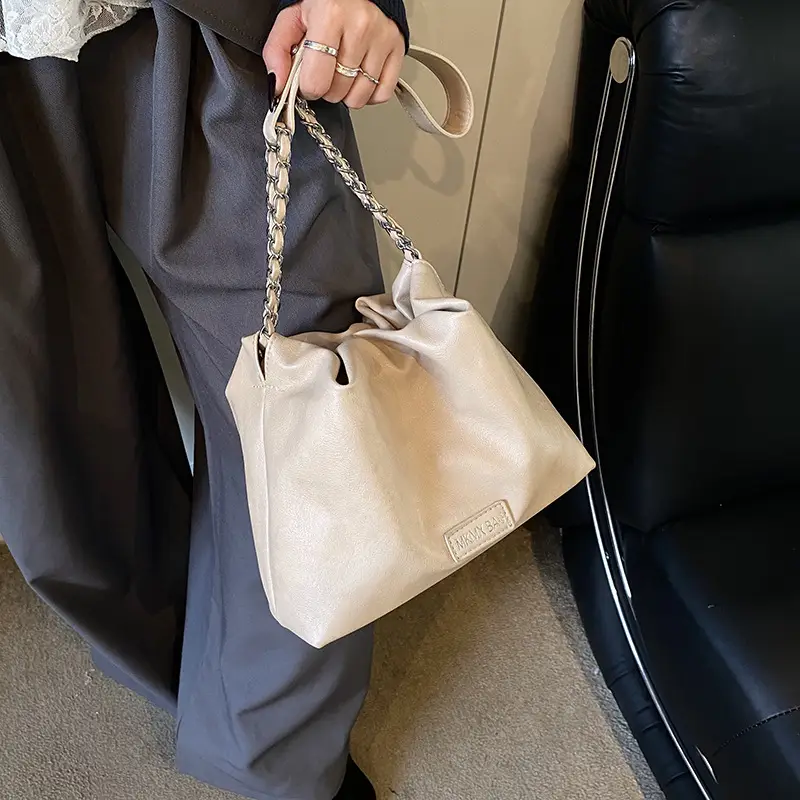 Women Crossbody Bag Chain Shoulder Bucket Bag Beige 2025
