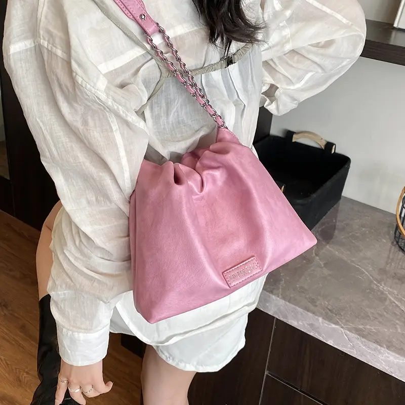 Women Crossbody Bag Chain Shoulder Bucket Bag Beige 2025