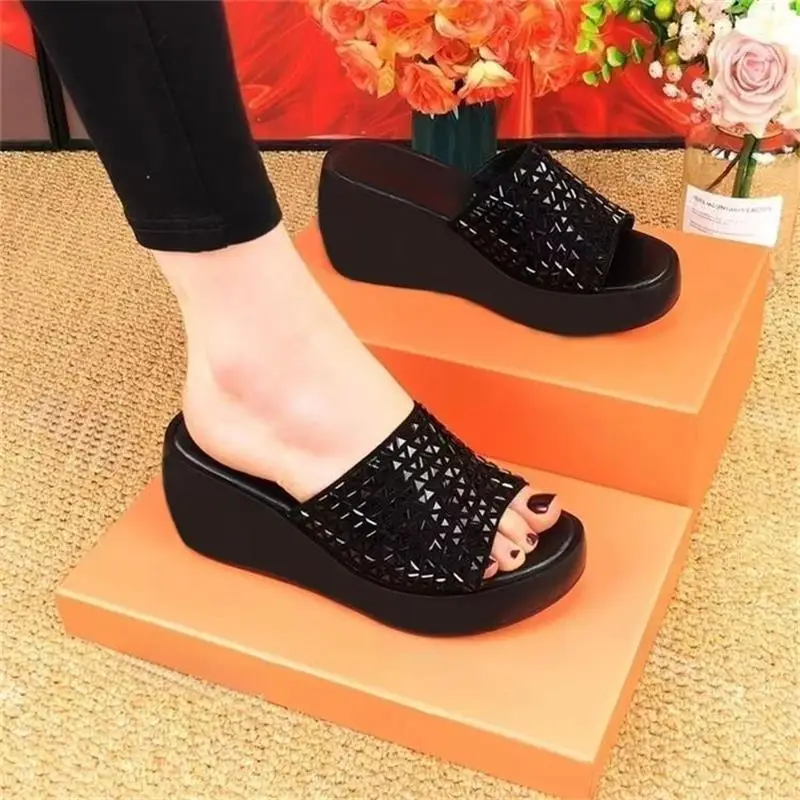 Women Rhinestone Wedge Slippers Black Summer 2025 - Image 5