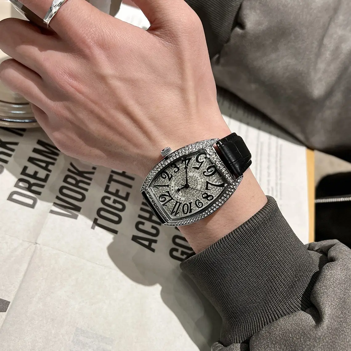 Men's Diamond Star Watch with Black Dial & Silver Band
