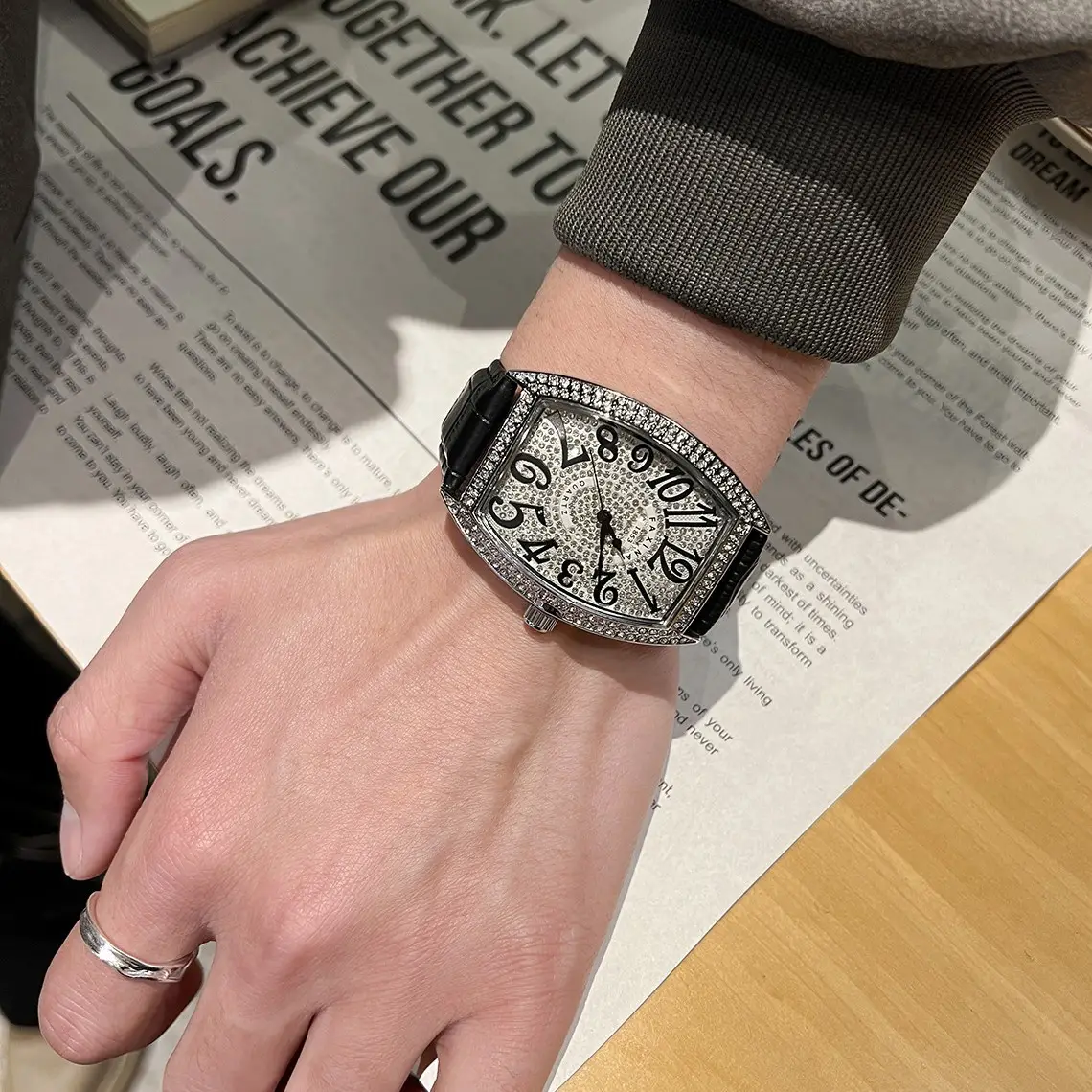 Men's Diamond Star Watch with Black Dial & Silver Band