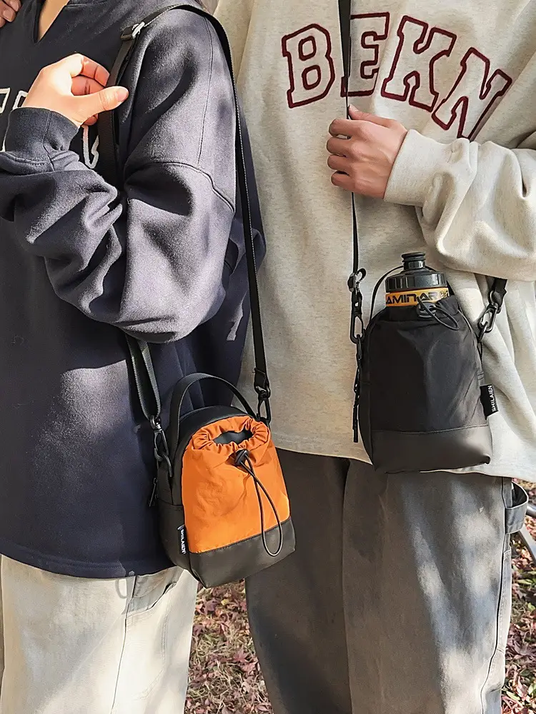Men Orange Drawstring Phone Bag with Crossbody Strap - Image 7