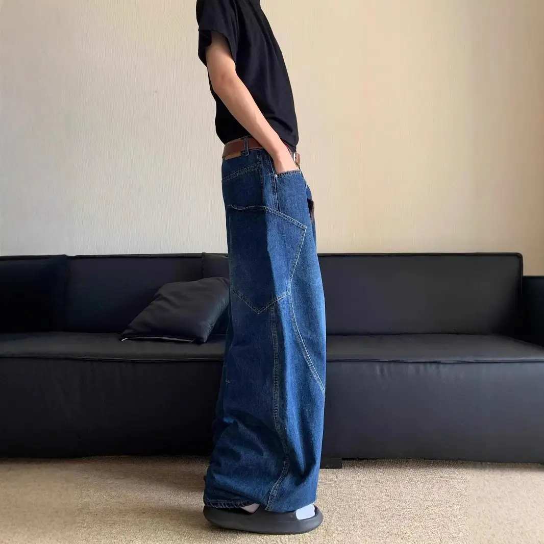 High Waist Slim Jeans Pants Dark Blue Retro Distressed