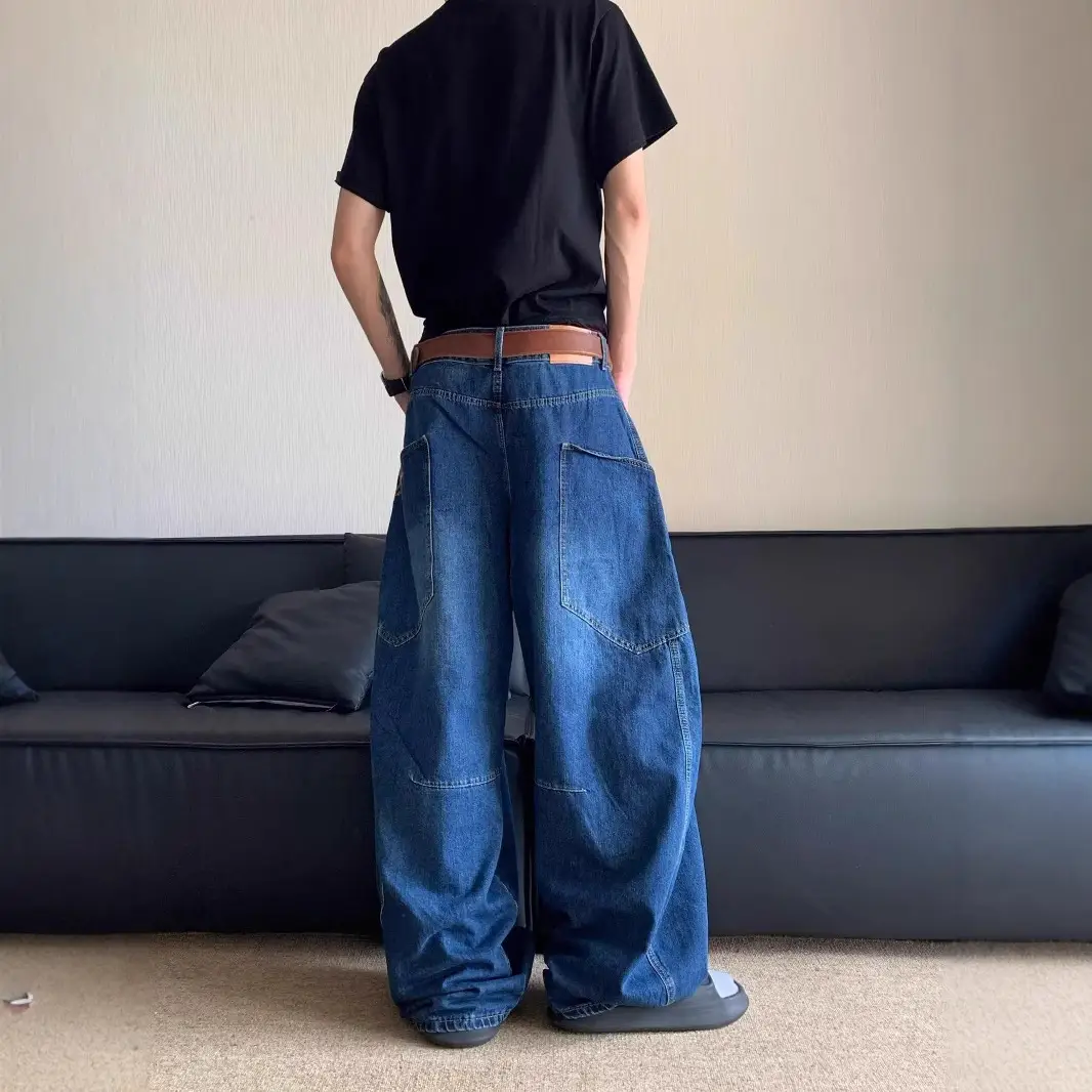 High Waist Slim Jeans Pants Dark Blue Retro Distressed
