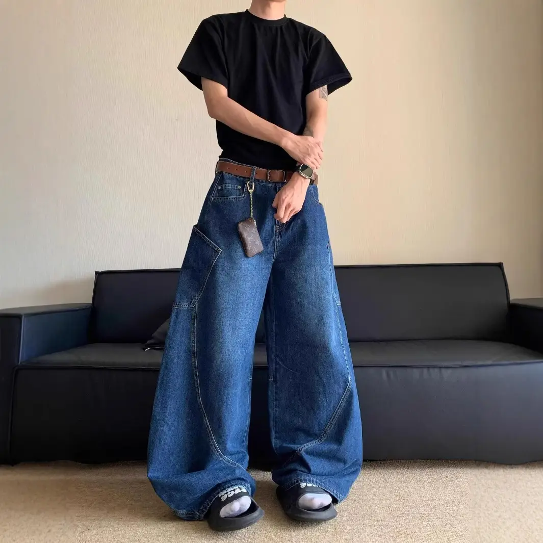 High Waist Slim Jeans Pants Dark Blue Retro Distressed