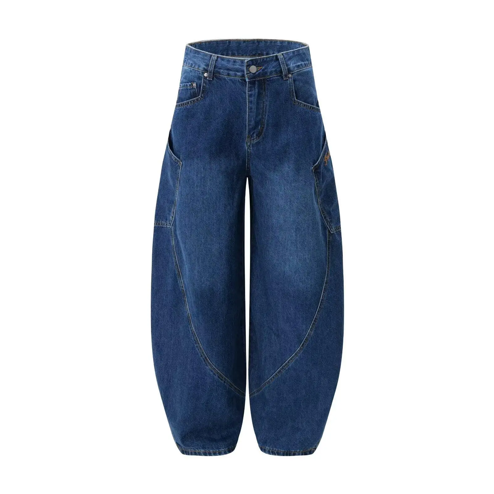 High Waist Slim Jeans Pants Dark Blue Retro Distressed