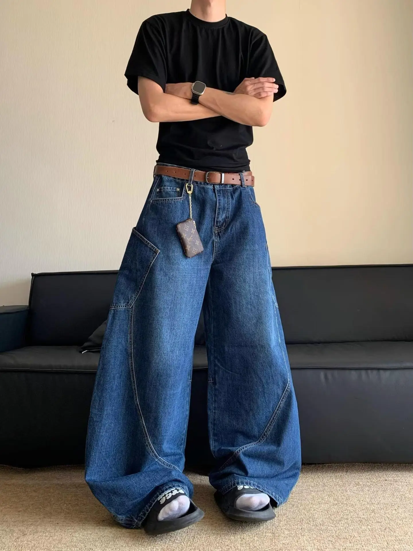 High Waist Slim Jeans Pants Dark Blue Retro Distressed — feature 2