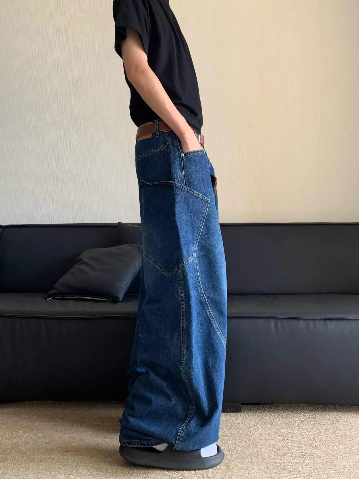 High Waist Slim Jeans Pants Dark Blue Retro Distressed — feature 3