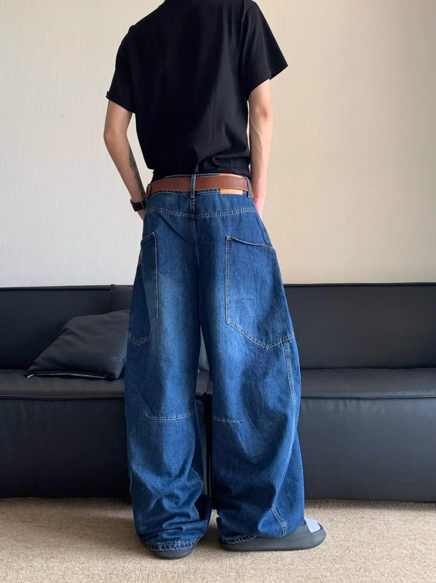 High Waist Slim Jeans Pants Dark Blue Retro Distressed — feature 4
