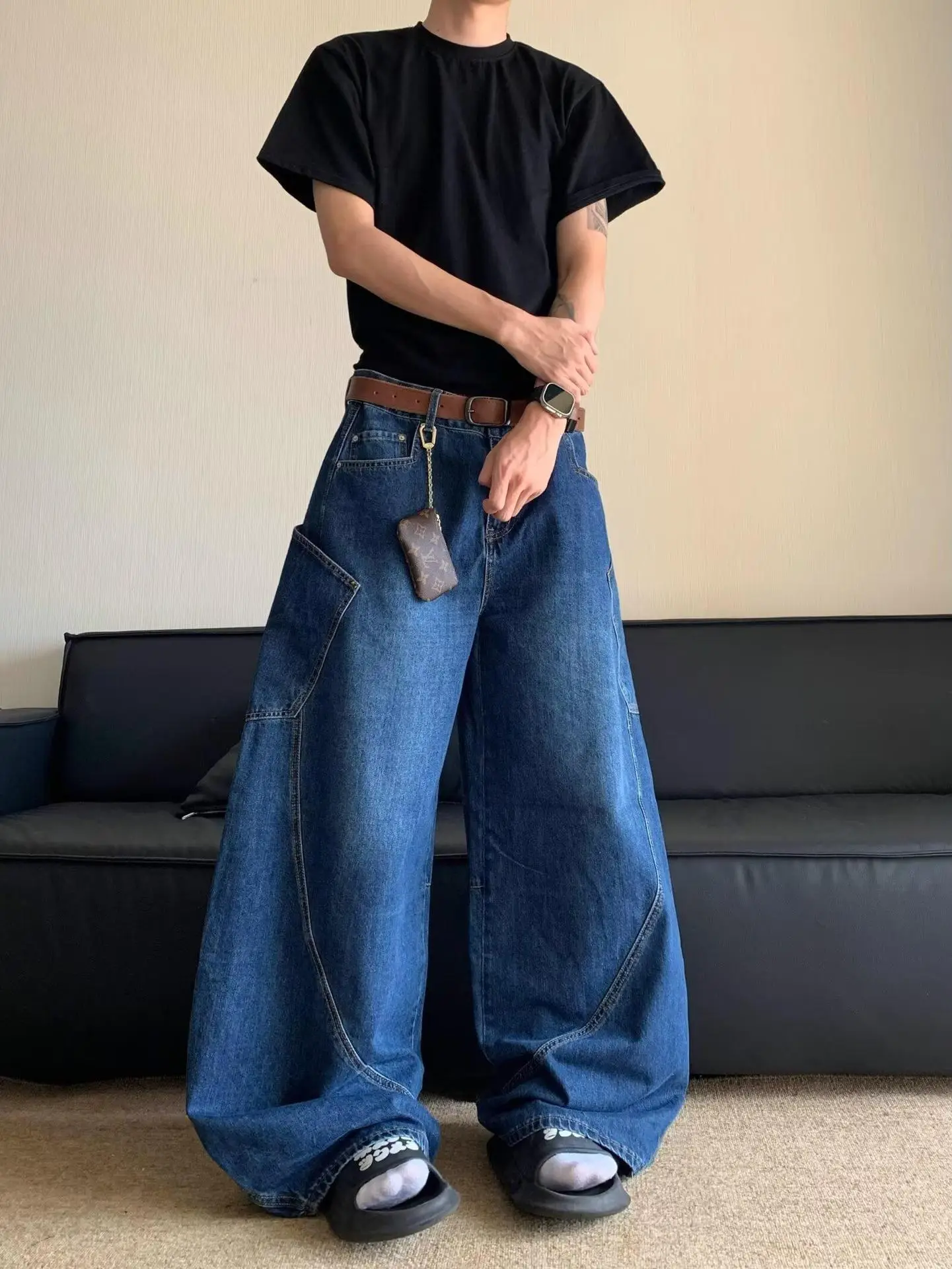 High Waist Slim Jeans Pants Dark Blue Retro Distressed — feature 5